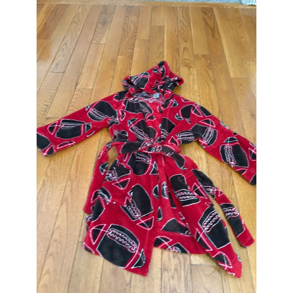 Cherokee Boys Red Football Fleece Hooded Bathrobe Robe Size S 6/7